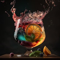 a glass with fruit and water splashing out of it