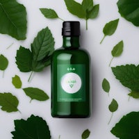 a green bottle surrounded by green leaves