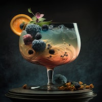 a cocktail with berries and fruit in a glass