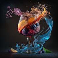 a glass of wine with blue liquid splashing out of it