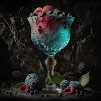 a glass with berries and blue liquid in it
