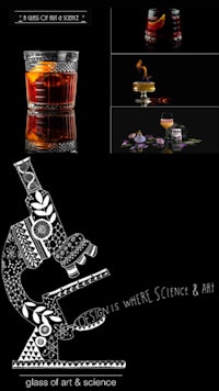 a black and white photo of a drink and a microscope