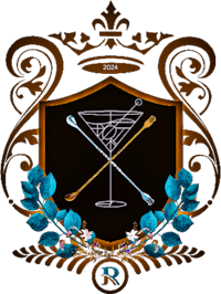 the crest of a bar with a martini glass and two swords
