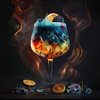 a cocktail in a glass surrounded by smoke and fire