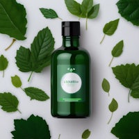 a bottle of eucalyptus oil surrounded by green leaves