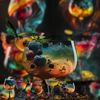 a colorful cocktail in a glass with fruit in it