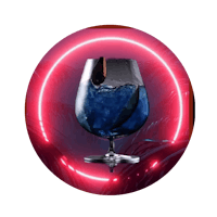 a glass of blue gin in a circle with a neon light