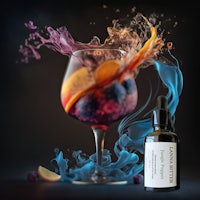 a glass of wine with a splash of liquid