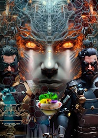 a poster with two men and a robot in front of them